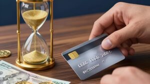 Main avec carte bancaire et sablier illustrant les délais de retrait et méthodes de paiement